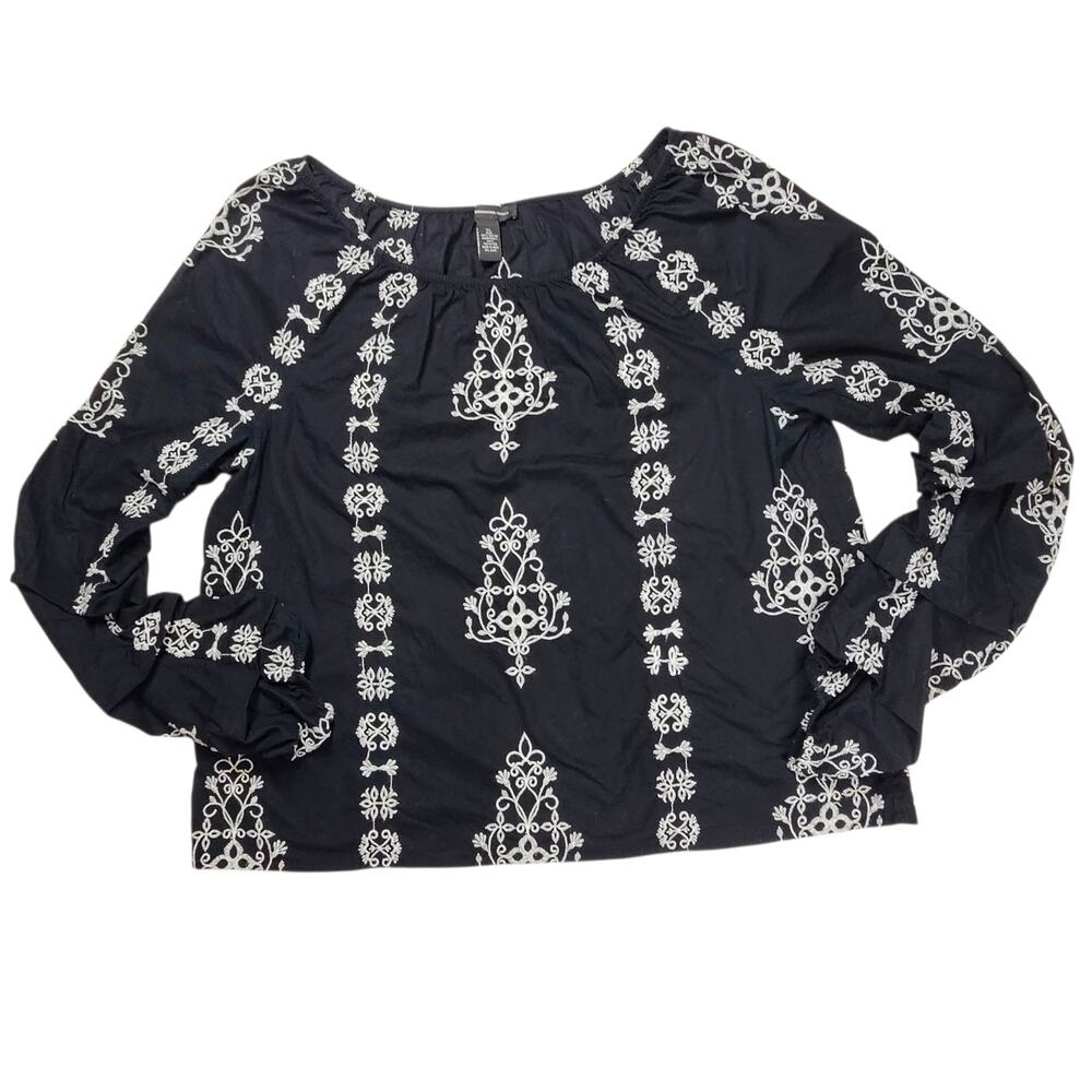 INC International Concepts Embroidered Floral Puff Ruffle Sleeve Top Size XL